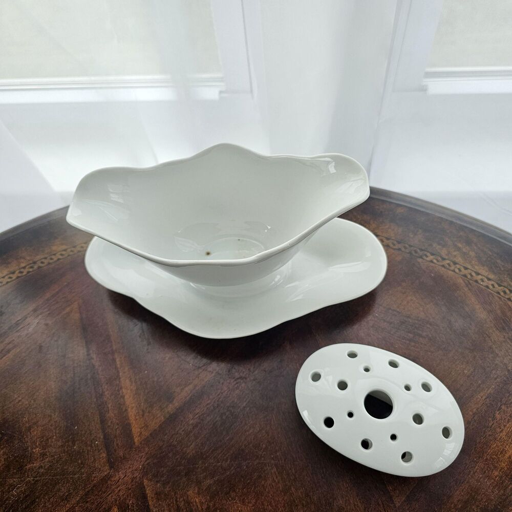 Vintage White Porcelain Sauce Boat Floral Frog Arrangement Planter